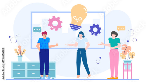 Three people discussing an idea next to a whiteboard, ideal for business presentations, teamwork concepts, brainstorming sessions, and collaboration themes.
