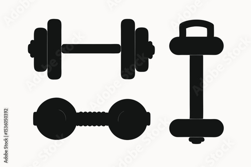 Fitness Equipment Icons Dumbbells and Kettlebell Silhouettes
