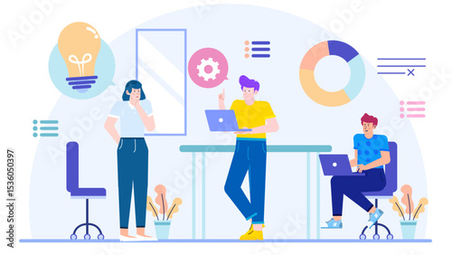 Three people working in office with laptops. Suitable for business, teamwork, collaboration concepts for blogs, presentations, websites, and social media.