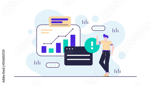 Man pointing out a graph error, suitable for business presentations, financial reports, educational materials, marketing analyses, data accuracy concepts.