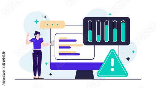 Woman observing computer warning. Suitable for cybersecurity awareness, data breach concepts, online security risks, scam alerts, and technology themes.