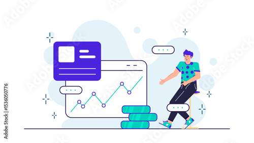 Man beside upward trend chart, suitable for financial reports, investment presentations, business articles, stock market analysis, economic growth concepts.