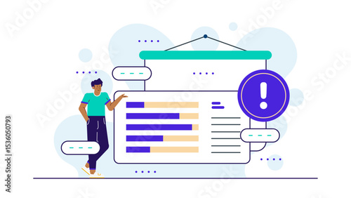 Man pointing to chart with exclamation point. Suitable for business presentations, financial reports, educational content, data analysis, project planning.