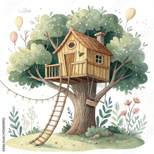 Charming watercolor tree house with swing and ladder
