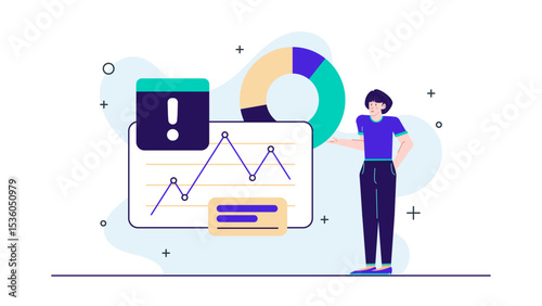 Woman presenting a chart with an exclamation mark, suitable for business presentations, infographics, data analysis concepts, enthusiastic visual aids.