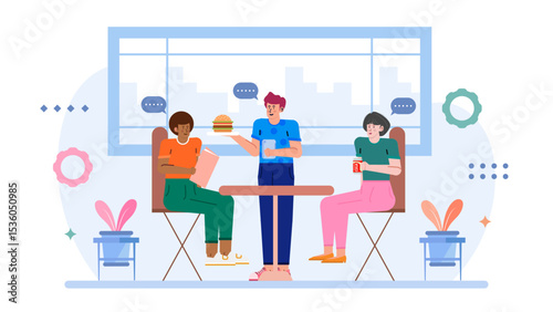 Three colleagues lunch together at work. Suitable for business blogs, corporate presentations, teambuilding materials, and office related designs.