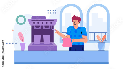 Man preparing coffee near a window, ideal for coffee shops, home decor, lifestyle blogs, and social media content.