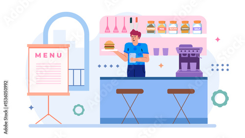 Stylish cafe serving a burger, ideal for food blogs, restaurant promotions, menu designs, and social media posts with a trendy aesthetic.