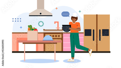 Chef stands in a kitchen, holding a pot and fresh groceries. Ideal for food blogs, culinary websites, and cooking class promotions.