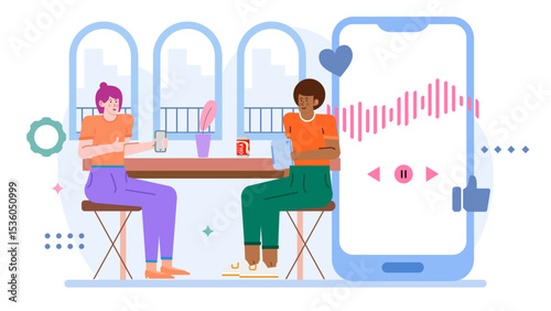 Two people enjoying online music together on a large smartphone, perfect for illustrating modern technology or social connection themes.