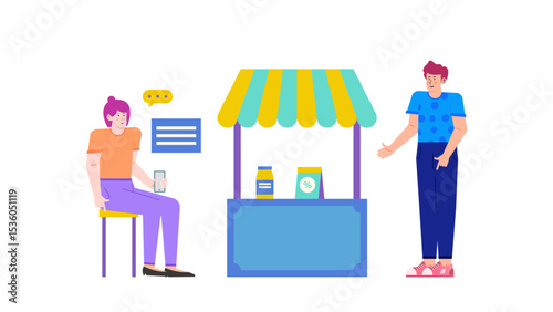 Micro stock image of a quaint shop scene with a customer and vendor. Perfect for showcasing retail, small businesses, and customer service.