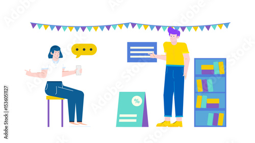 Two people discussing a sale near bookshelves, suitable for business themed projects, sales presentations, retail concepts, office environments, or teamwork visuals.