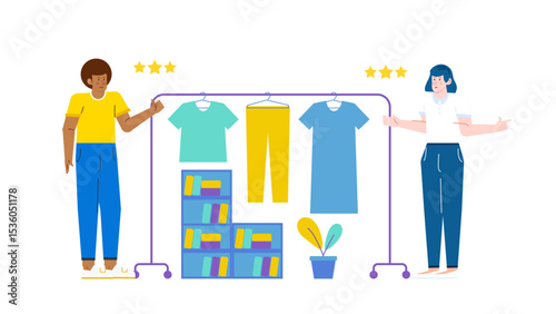 Two people browsing and rating clothes on a rack in a store. Ideal for fashion reviews, shopping guides, retail concepts.