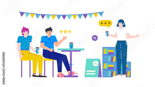 Two people chat while sipping coffee at a bookstores book sale; perfect for advertising bookstores, coffee shops, and casual conversations.