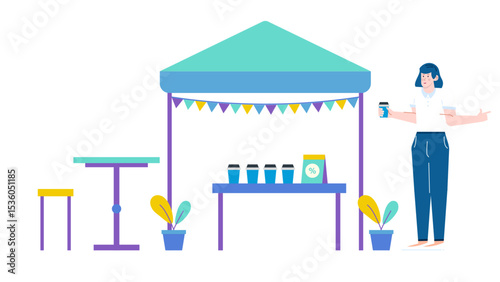 Woman selling coffee at a charming outdoor stand, perfect for coffee shops, small business promotions, outdoor events, and social media.