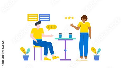 Two people engagement in conversation over feedback at a small table, suitable for business meetings, office discussions, communication concepts.