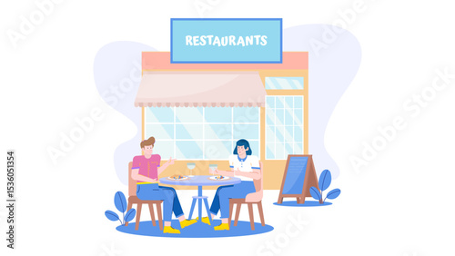 Two people dining happily at a restaurant. Suitable for food blogs, restaurant advertisements, lifestyle magazines, culinary websites, and social media.