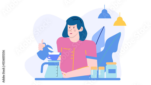 Woman smiling while brewing coffee with pour over method; suitable for coffee shops, barista courses, coffee enthusiasts, blogs, and social media posts.