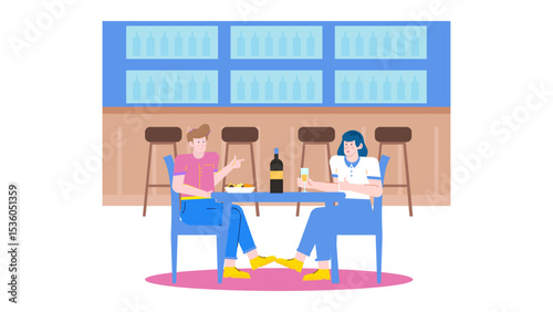 Two friends dining at a bar, enjoying wine and food. Suitable for restaurant promotions, social gatherings, friendship themes, and leisure concepts.