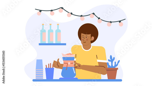 Person prepares coffee at a charming cafe adorned with string lights. Ideal for promoting cozy cafes, coffee culture, or small businesses.