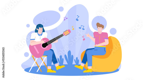 The title is Woman playing guitar for a friend. Ideal for music promotions, friendship themes, leisure activities, and acoustic guitar concepts.