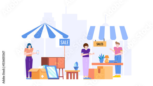 Bustling outdoor sales event features people shopping. Ideal for advertising events, promoting business, or illustrating consumer activity in a marketplace.