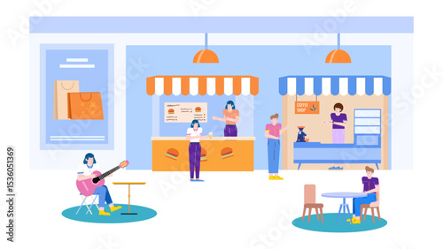 Lively food court scene with diners and a guitarist; perfect for restaurant promotions, music events, and culinary websites.