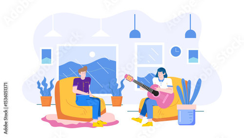 Woman playing a pink guitar for a man, suitable for music and love themed designs, greeting cards, Valentines Day content, and social media posts.