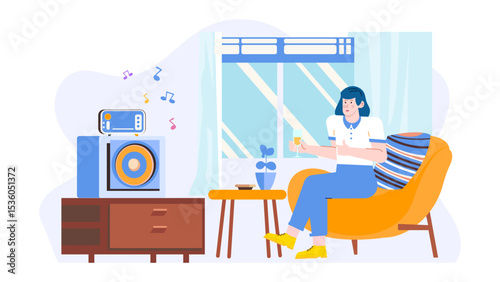 Woman in bliss, sipping a refreshing drink while immersing in music; perfect for leisure, relaxation, lifestyle, and music related content.