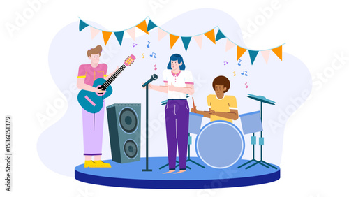 Band performing on a small stage with bunting. Ideal for event promotions, music festivals, live music venues, party invitations.
