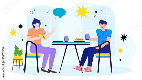 Two people enjoying hot dogs and milkshakes at a table. Perfect for food blogs, advertisements, restaurant menus, and social media posts.