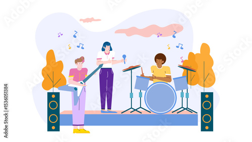 Band playing music outdoors with instruments like guitar and drums, ideal for promoting music events, concerts, festivals, or summer gatherings.