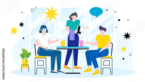 Three people chatting at a cafe table with drinks. Suitable for lifestyle, socializing, friendship, casual dining, and restaurant concepts.