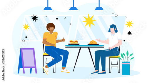 Two people lunch at a cafe, hot dog, pastry on the table, suitable for restaurants, food blogs, cafe promotions.