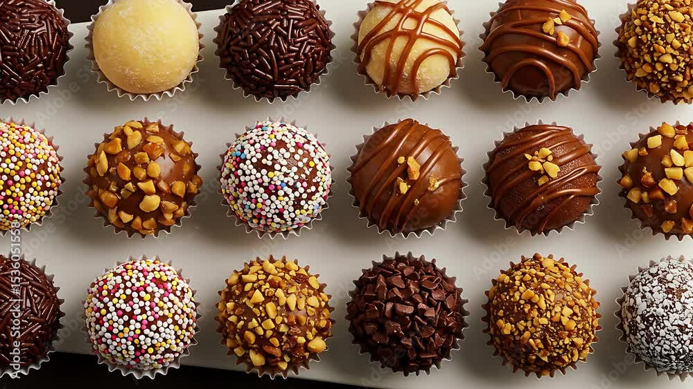 Assorted brigadeiro candies are displayed in a variety of flavors and toppings