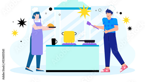 Two chefs preparing dishes in a professional kitchen, suitable for food blogs, culinary websites, restaurant promotions, and cooking magazines.