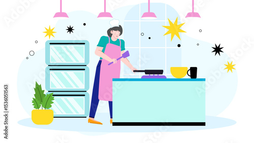 Chef cooks in a bright modern kitchen. Great for culinary blogs, cooking magazines, restaurant menus, and food related social media posts.