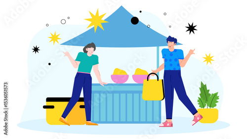 Two people at a cheerful food stall for use in websites, social media posts, advertisements, and food related content. Vibrant and engaging photo.