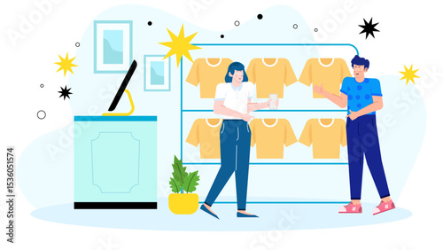 Clothing store scene with woman and man shopping together. Suitable for retail marketing campaigns showcasing diversity in shopping experiences.
