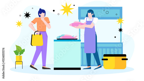 Woman at market stall buying fresh fish. Suitable for seafood, shopping, market, fresh produce, cooking, retail, and consumerism concepts.
