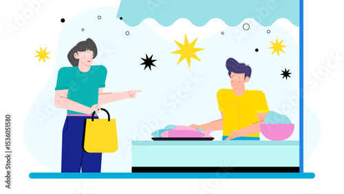 Woman purchasing fresh fish from a market vendor. Perfect for seafood markets, grocery stores, culinary blogs, and food related promotions.