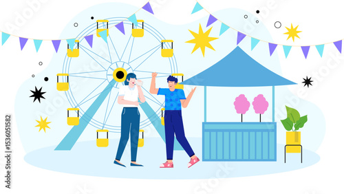 Illustration of a vibrant fun fair scene with a ferris wheel and people enjoying cotton candy, perfect for advertisements or posters.