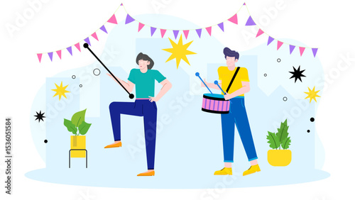 Two people celebrate with music and dance, playing a drum and a baton. Festive events, cultural celebrations, musical performances, teamwork.