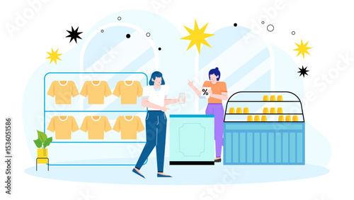 Clothing store sale with two women trying on clothes, perfect for fashion promotions, online shopping websites, and social media ads.