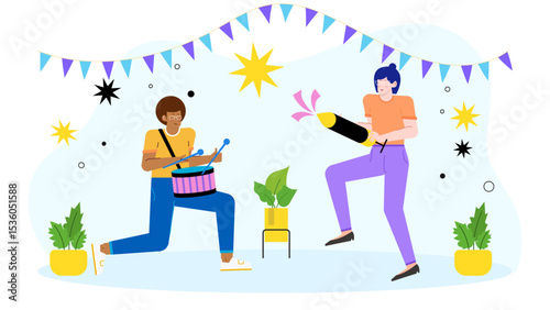 Two people celebrate joyfully playing drums and a confetti cannon, perfect for party invitations, event promotions, and festive designs.