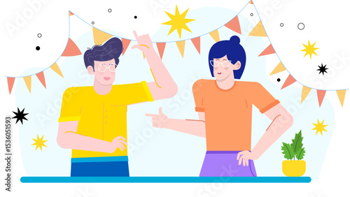 Two cheerful friends celebrating with festive decorations and a plant, suitable for holiday greeting cards, party invitations, and social media posts.