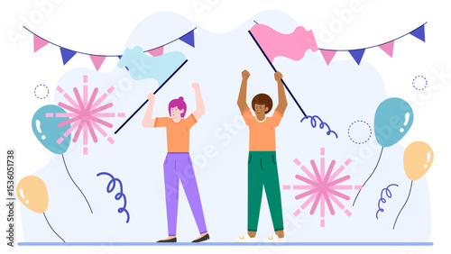 Two people joyfully celebrate with flags, balloons, and confetti at a festive event, ideal for party invitations or holiday promotions.