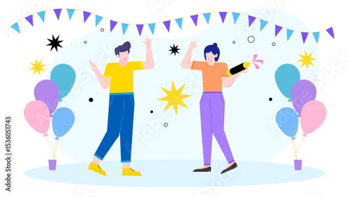 Two cheerful people celebrate with balloons and party decorations. Perfect for event planning, celebrations, joyous occasions, birthdays, and happiness themes.