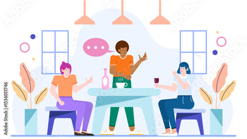 Three friends having lively conversation over drinks at a table, suitable for social gatherings, friendship themes, restaurant promotions, and more.