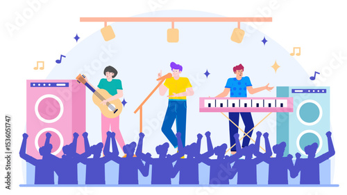 Band performing lively concert for cheering crowd. Suitable for promoting live music events, entertainment venues, and enthusiastic audiences.